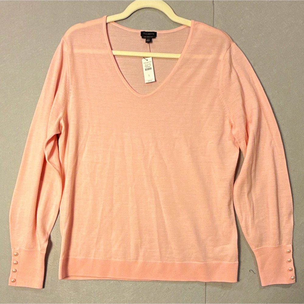 Talbots Pink Merino Wool Knit V-Neck Pullover Sweater Button Cuff Size L